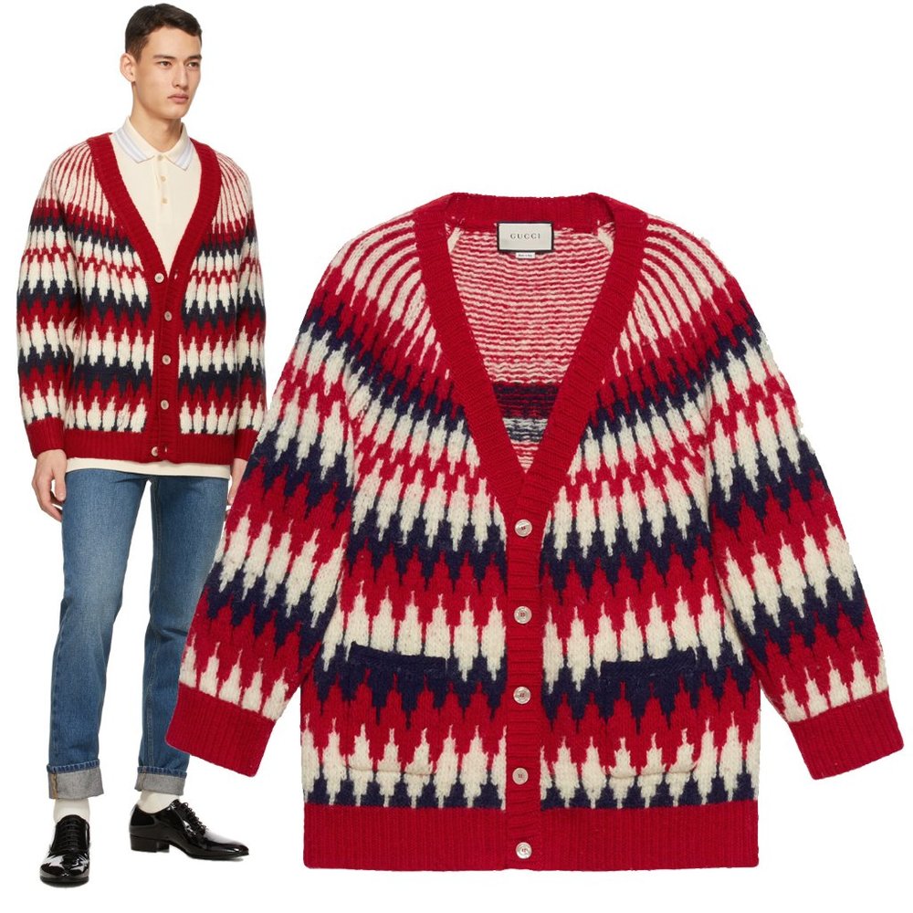 GUCCI MENS SWEATER ZIGZAG JACQUARD THICK WOOL KNITTED CARDIGAN sz M Medium